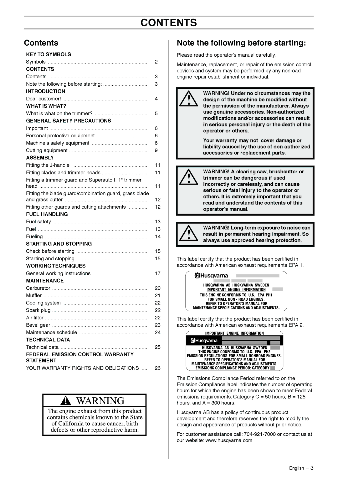 Husqvarna 323RJ manual Contents 