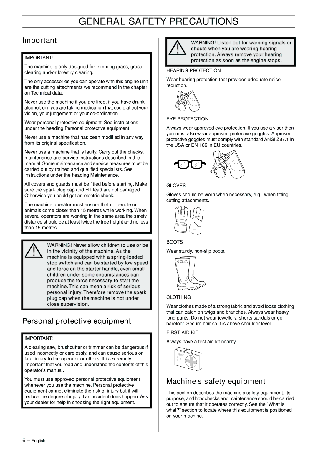 Husqvarna 323RJ manual General Safety Precautions, Personal protective equipment, Machine′s safety equipment 