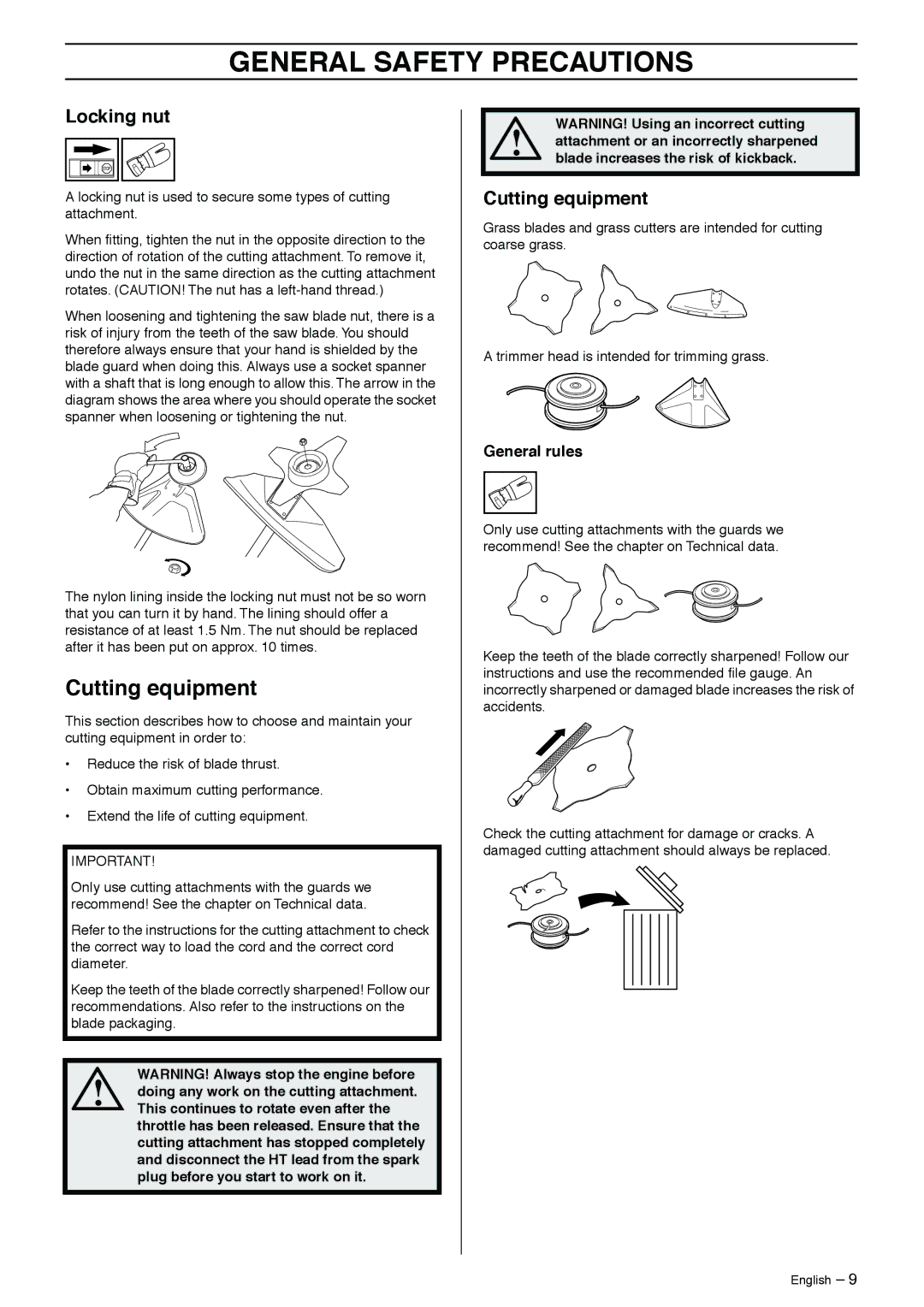 Husqvarna 323RJ manual Cutting equipment, Locking nut 