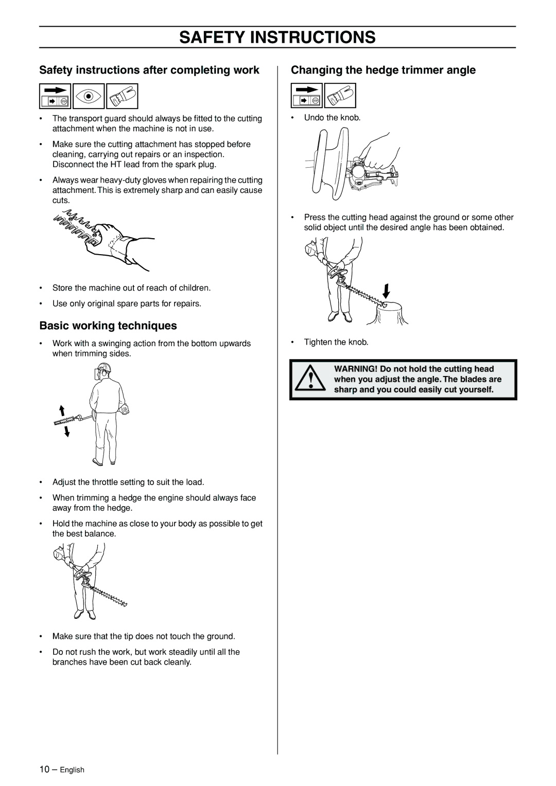 Husqvarna 324HDA55 Safety instructions after completing work, Basic working techniques, Changing the hedge trimmer angle 