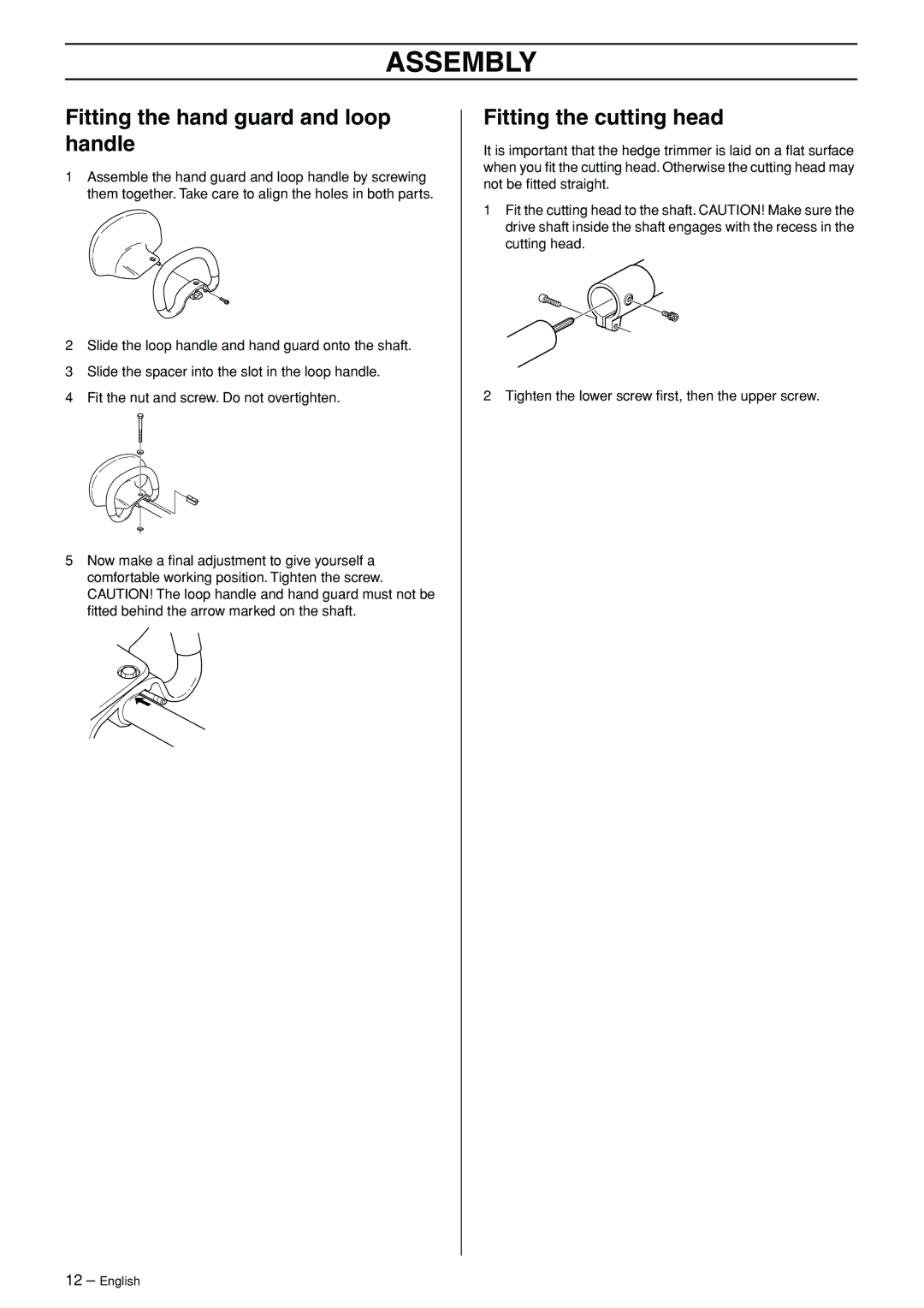 Husqvarna 324HDA55 manual Assembly, Fitting the hand guard and loop handle, Fitting the cutting head 