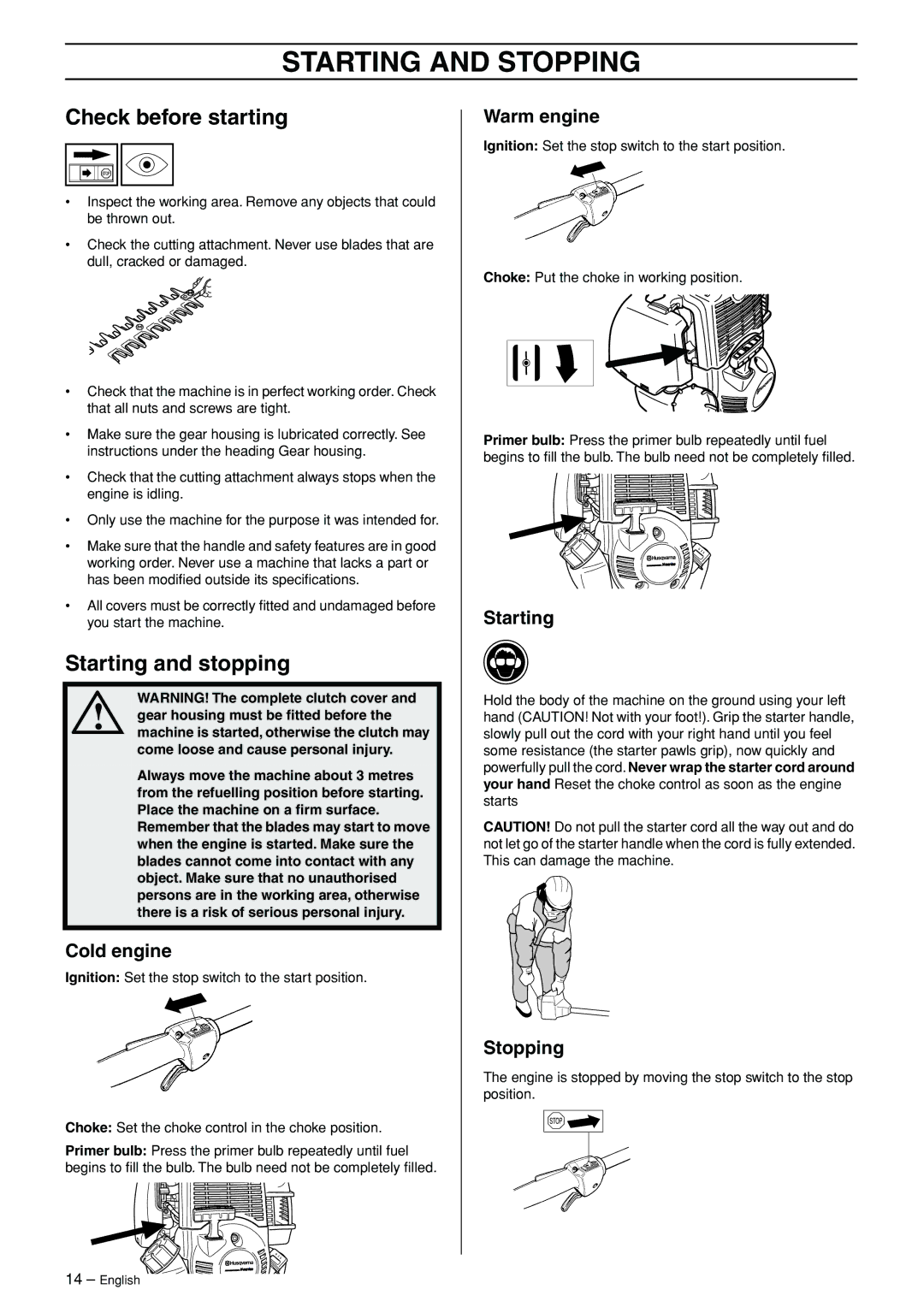 Husqvarna 324HDA55 manual Starting and Stopping, Check before starting, Starting and stopping 