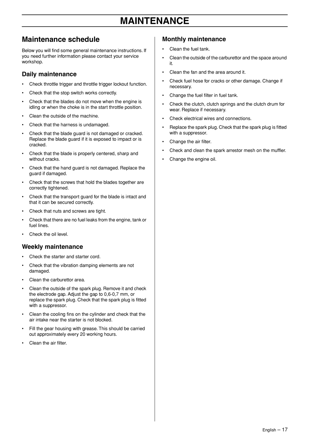 Husqvarna 324HDA55 manual Maintenance schedule, Daily maintenance, Weekly maintenance, Monthly maintenance 