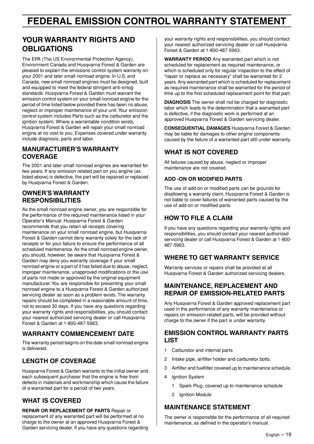 Husqvarna 324HDA55 manual Federal Emission Control Warranty Statement, Your Warranty Rights and Obligations 