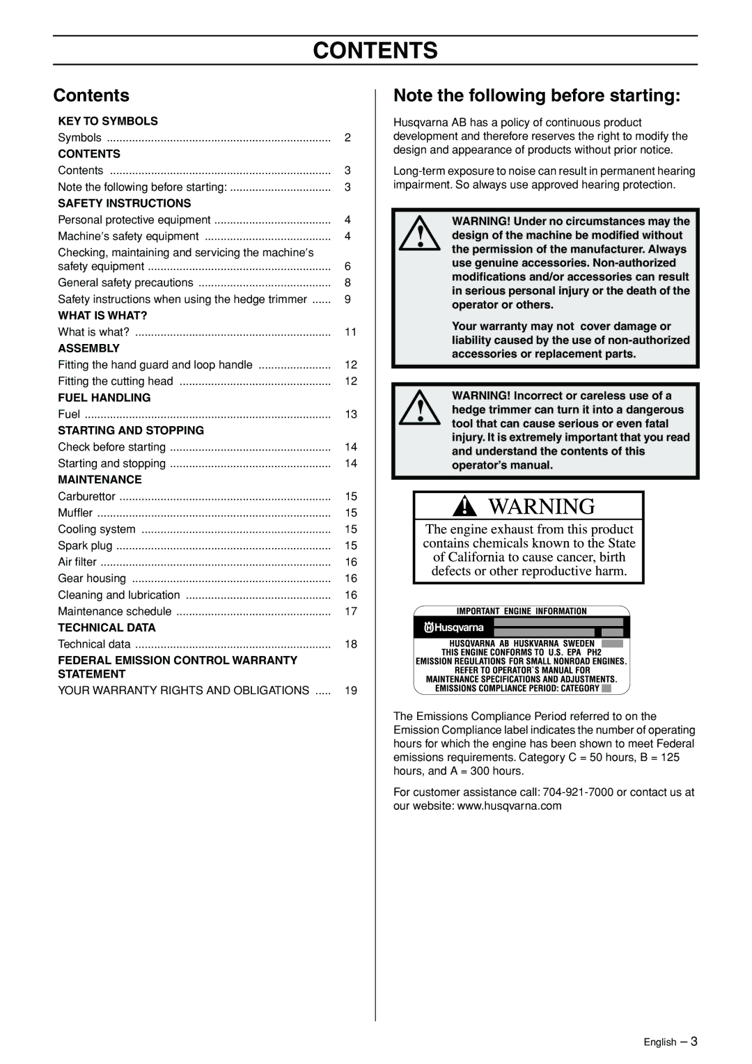 Husqvarna 324HDA55 manual Contents 