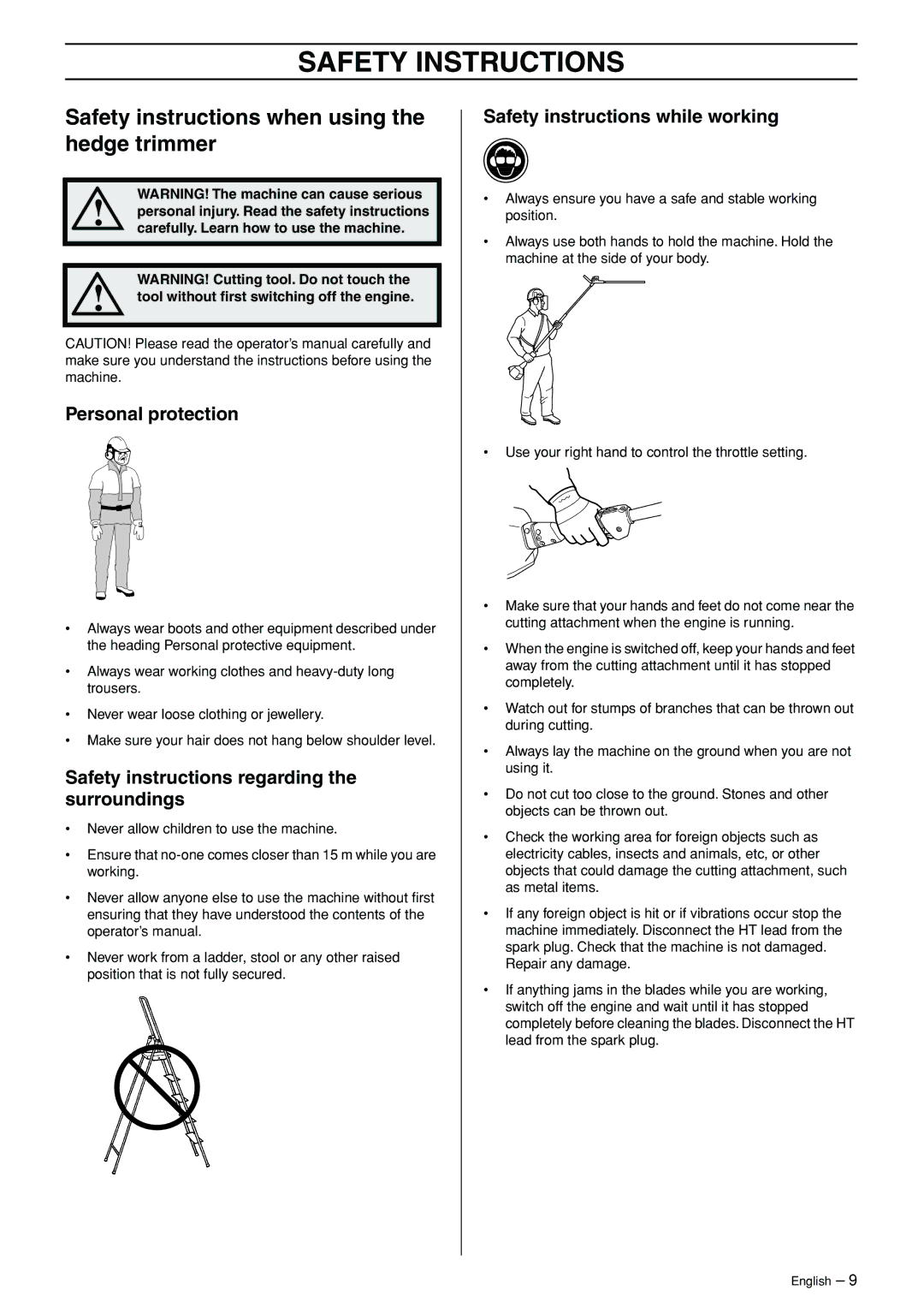 Husqvarna 324HDA55 manual Safety instructions when using the hedge trimmer, Personal protection 