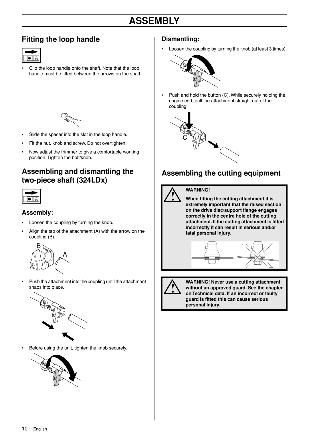 Husqvarna 324L, 324LD manual Assembly, Fitting the loop handle, Assembling and dismantling the two-piece shaft 324LDx 