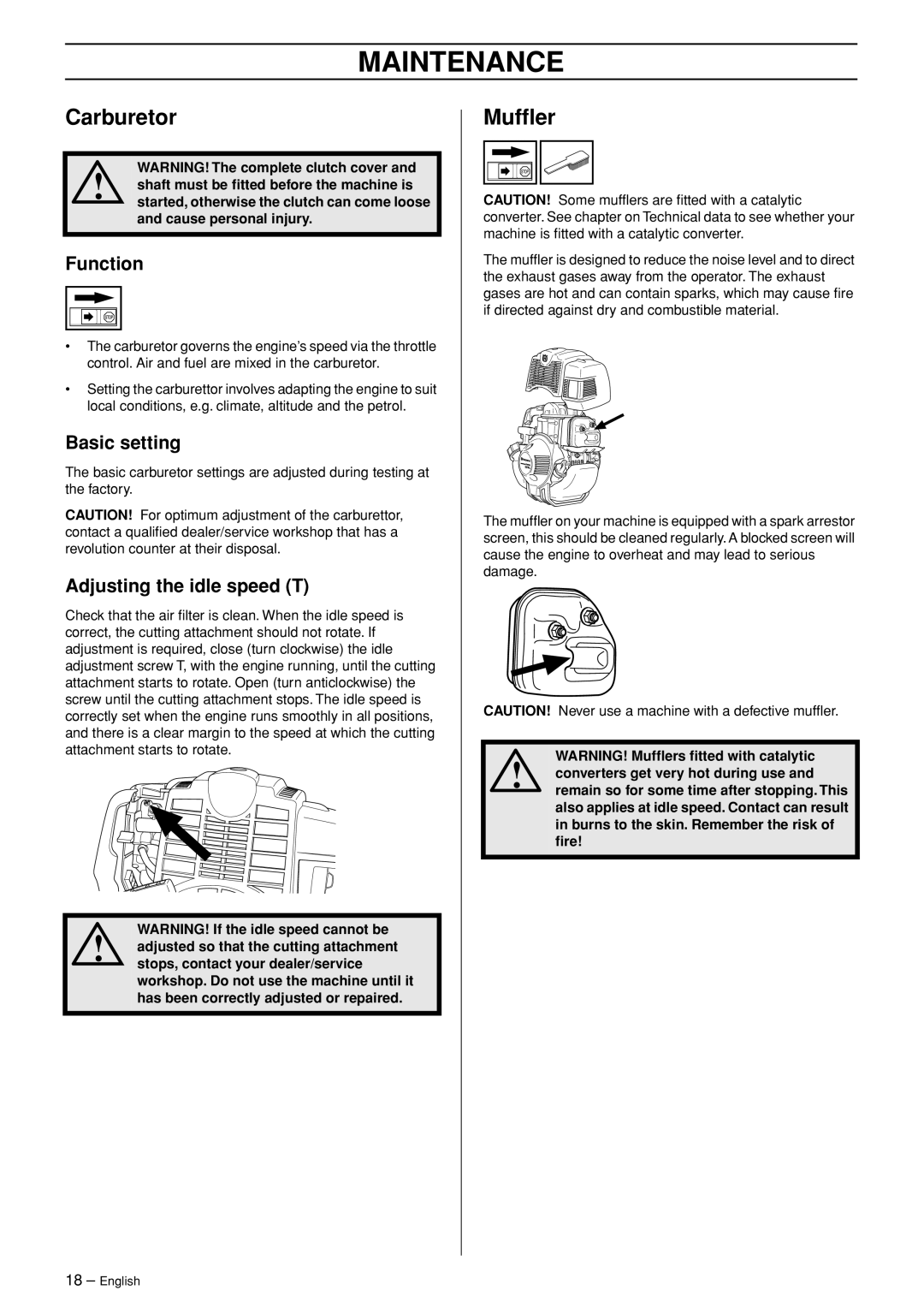 Husqvarna 324L, 324LD manual Maintenance, Carburetor, Mufﬂer 