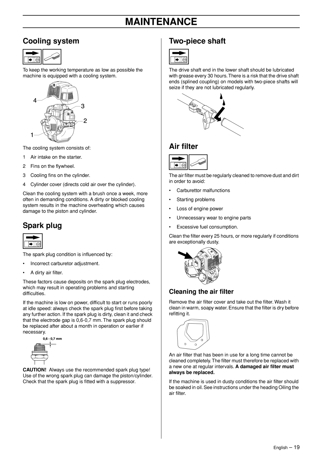 Husqvarna 324L, 324LD manual Cooling system, Spark plug, Two-piece shaft, Air ﬁlter, Cleaning the air ﬁlter 
