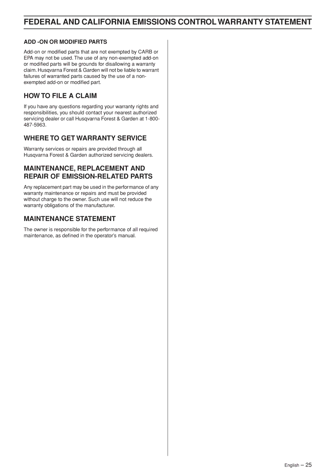 Husqvarna 324L, 324LD manual Federal and California Emissions Control Warranty Statement 