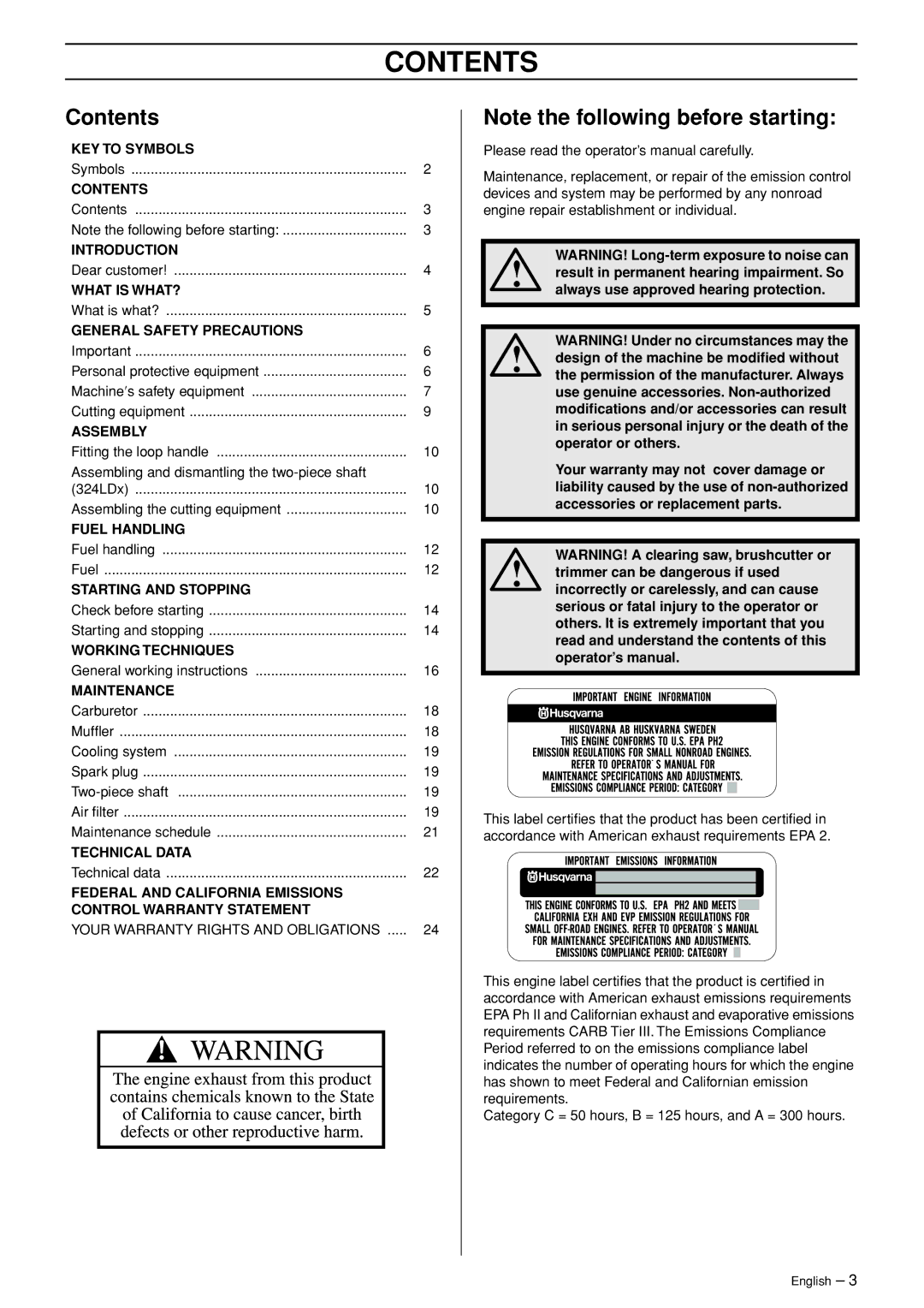 Husqvarna 324L, 324LD manual Contents 