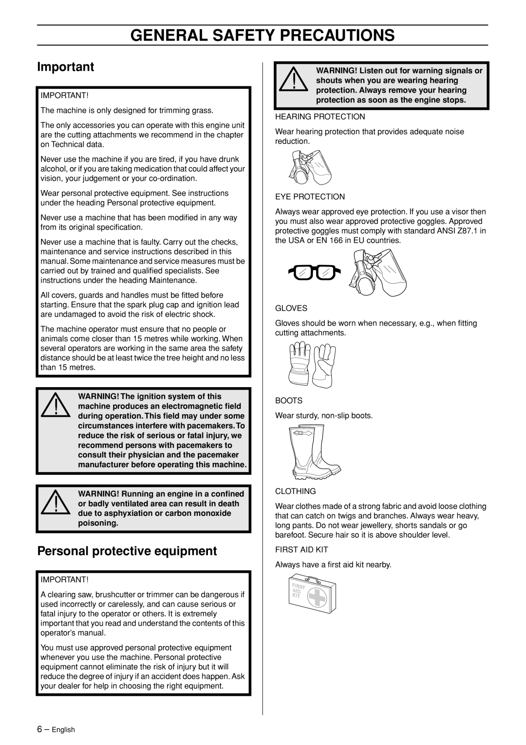 Husqvarna 324L, 324LD manual General Safety Precautions, Personal protective equipment 