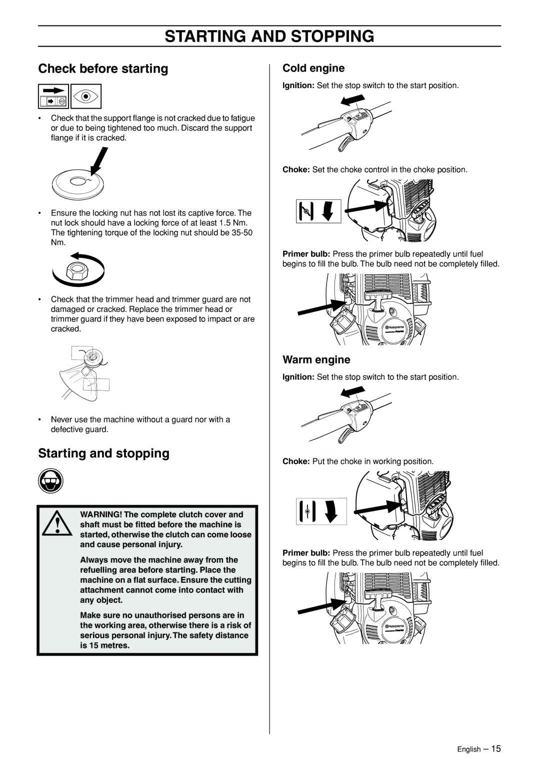 Husqvarna 324LD manual Starting and Stopping, Check before starting, Starting and stopping, Cold engine, Warm engine 