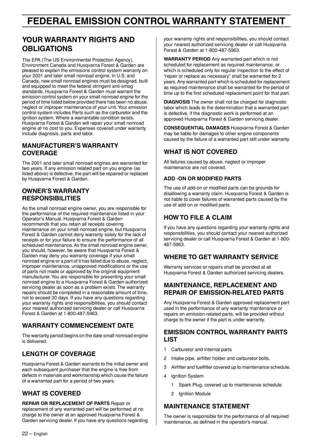 Husqvarna 324LD manual Federal Emission Control Warranty Statement, Your Warranty Rights and Obligations 