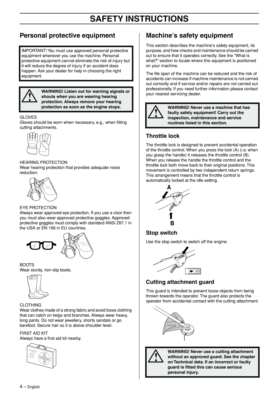 Husqvarna 324LD manual Safety Instructions, Personal protective equipment, Machine′s safety equipment 
