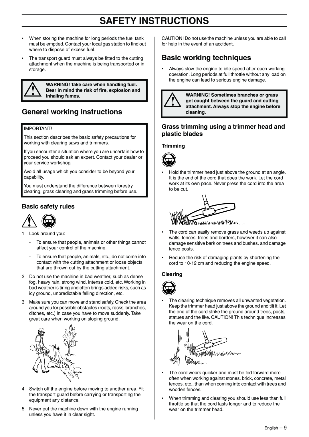Husqvarna 324LD manual General working instructions, Basic working techniques, Safety Instructions, Trimming, Clearing 