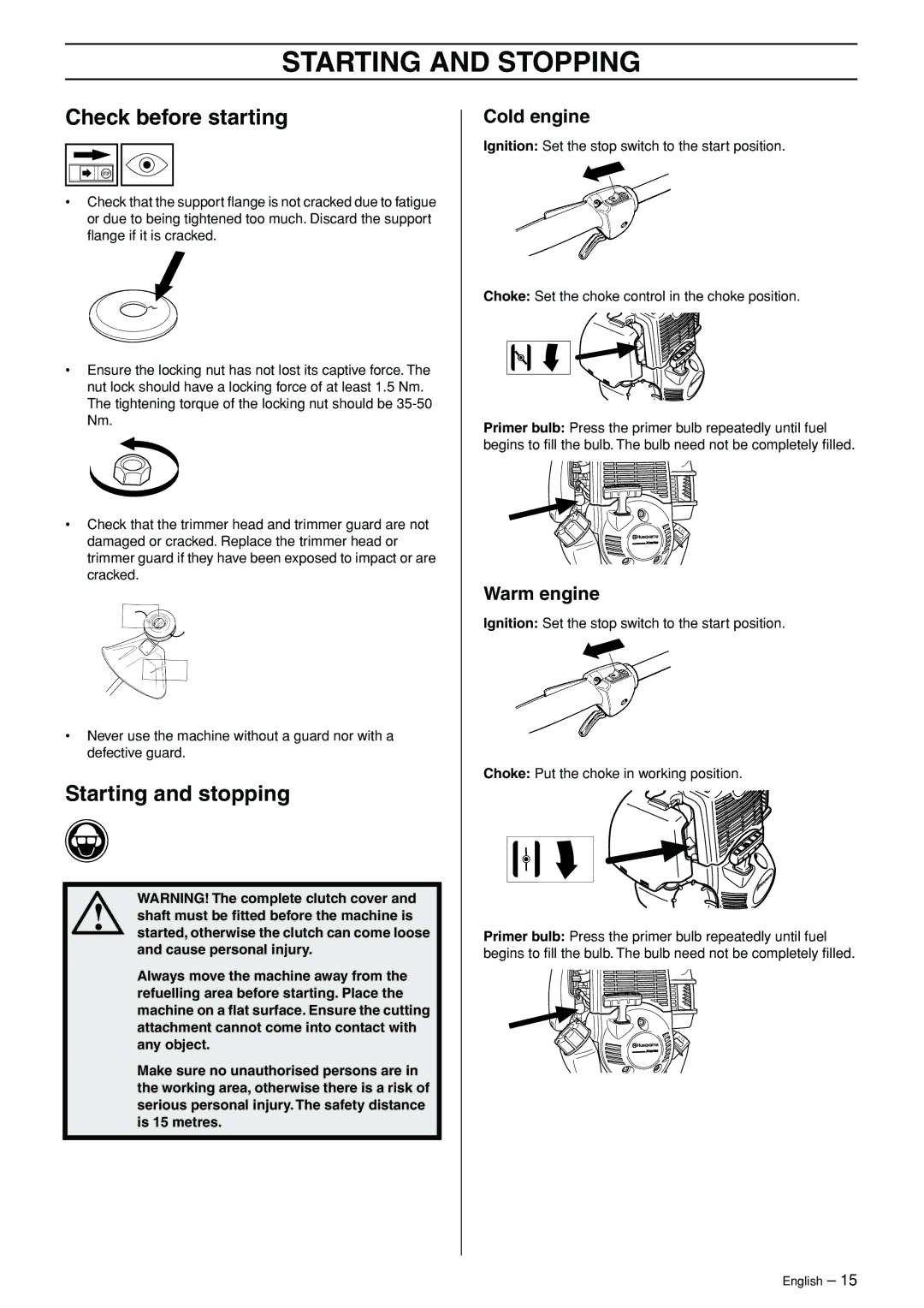 Husqvarna 324LX-Series manual Starting and Stopping, Check before starting, Starting and stopping, Cold engine, Warm engine 