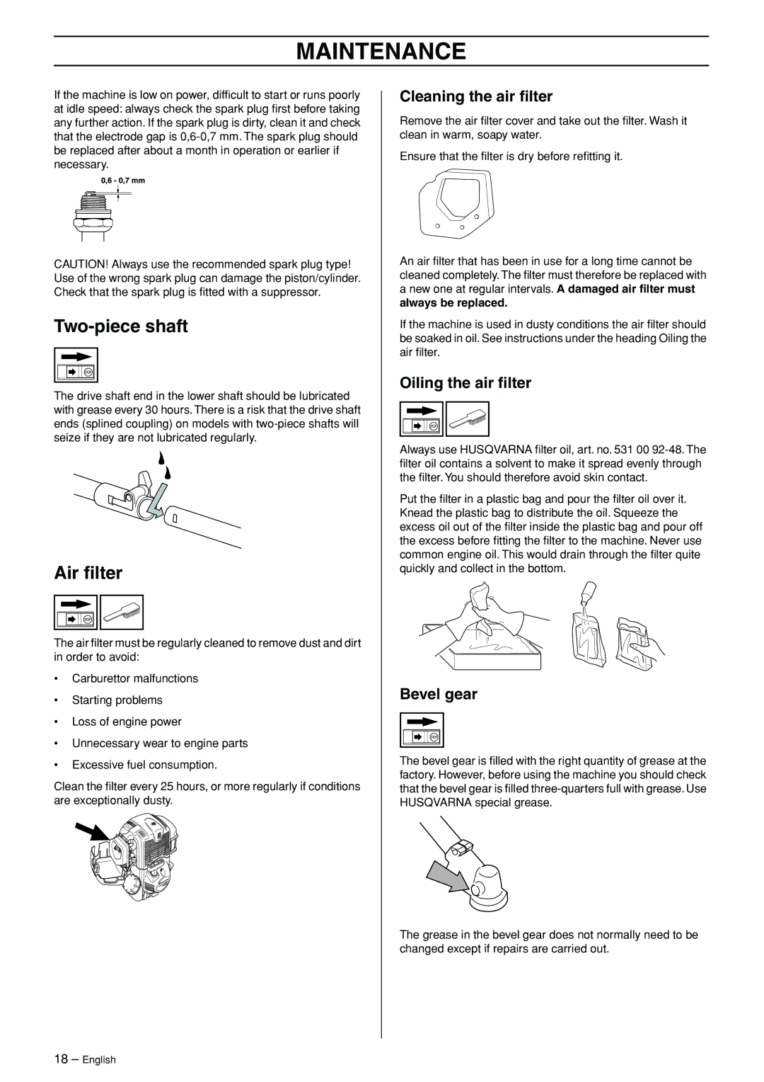 Husqvarna 324LDX-Series, 324LX-Series Two-piece shaft, Air ﬁlter, Cleaning the air ﬁlter, Oiling the air ﬁlter, Bevel gear 