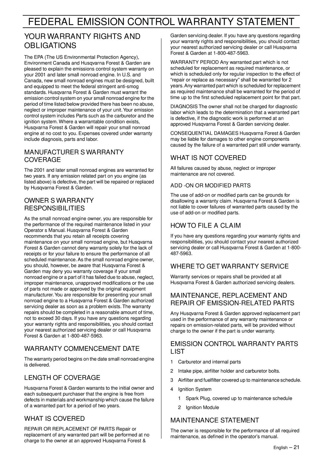 Husqvarna 324LX-Series, 324LDX-Series Federal Emission Control Warranty Statement, Your Warranty Rights and Obligations 