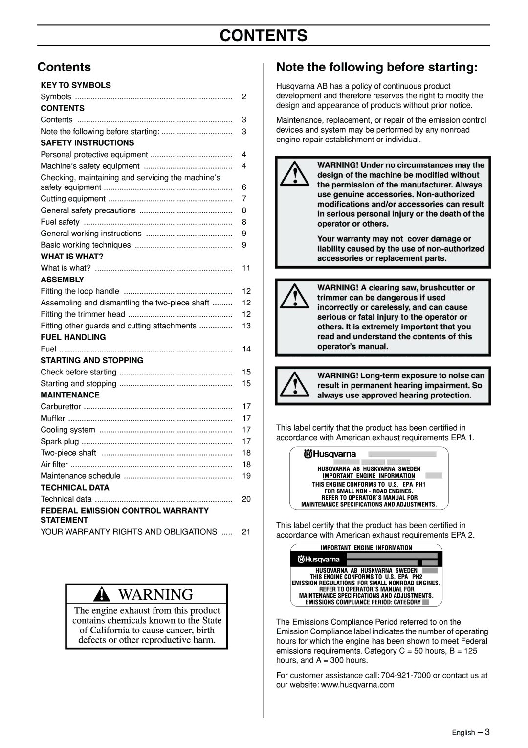 Husqvarna 324LX-Series, 324LDX-Series manual Contents 