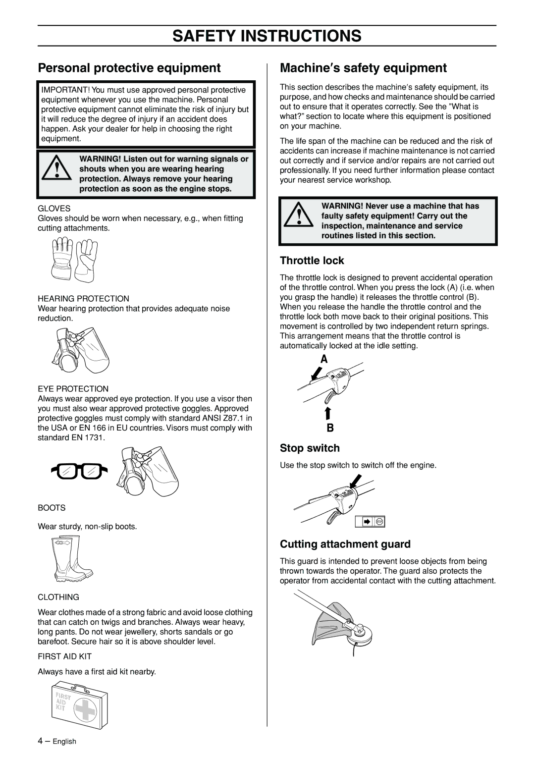 Husqvarna 324LDX-Series, 324LX-Series manual Safety Instructions, Personal protective equipment, Machine′s safety equipment 