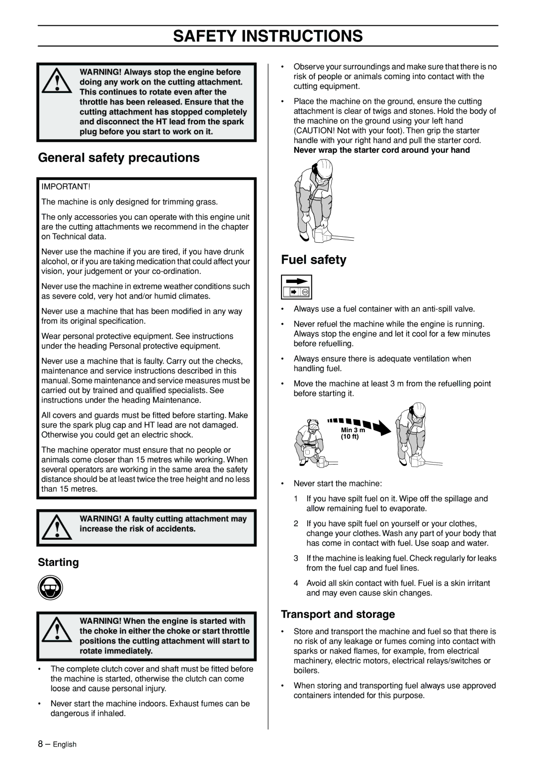 Husqvarna 324LDX-Series, 324LX-Series manual General safety precautions, Fuel safety, Starting, Transport and storage 