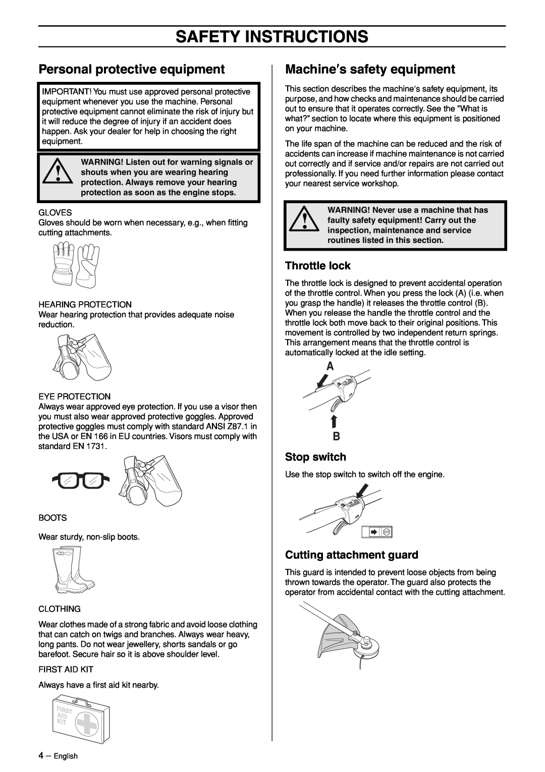 Husqvarna 324LDX-Series, 324LX-Series manual Safety Instructions, Personal protective equipment, Machine′s safety equipment 