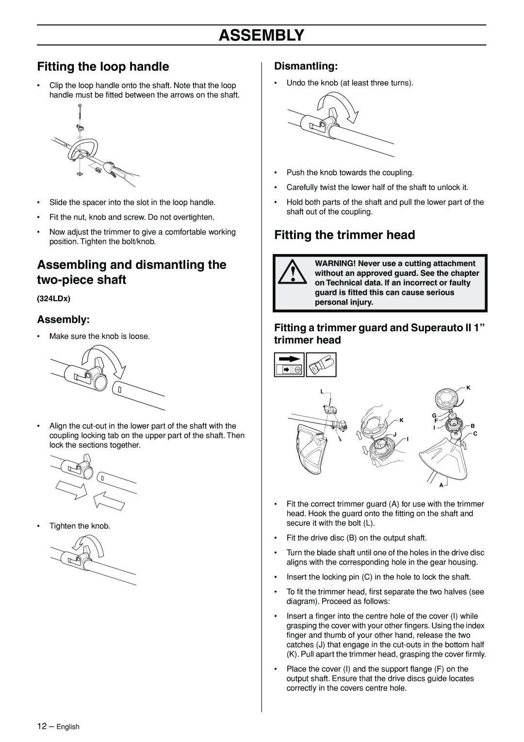 Husqvarna 324LX, 324LDX manual Assembly, Fitting the loop handle, Assembling and dismantling the two-piece shaft 