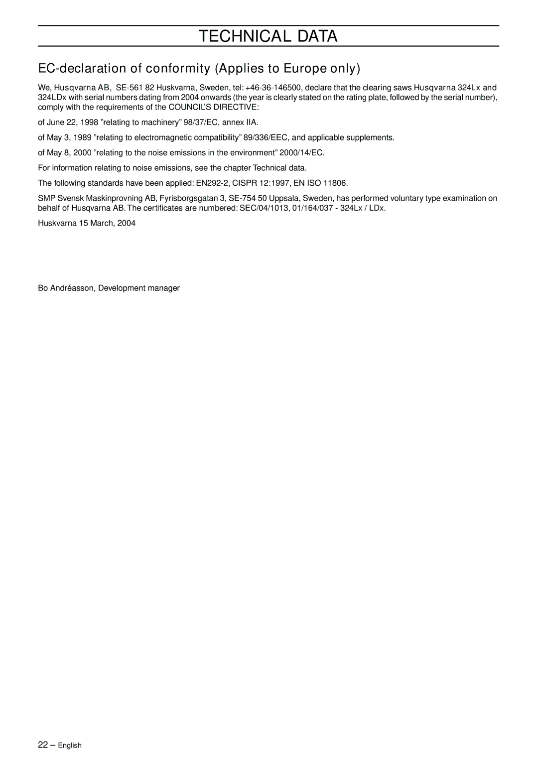 Husqvarna 324LX, 324LDX manual EC-declaration of conformity Applies to Europe only 