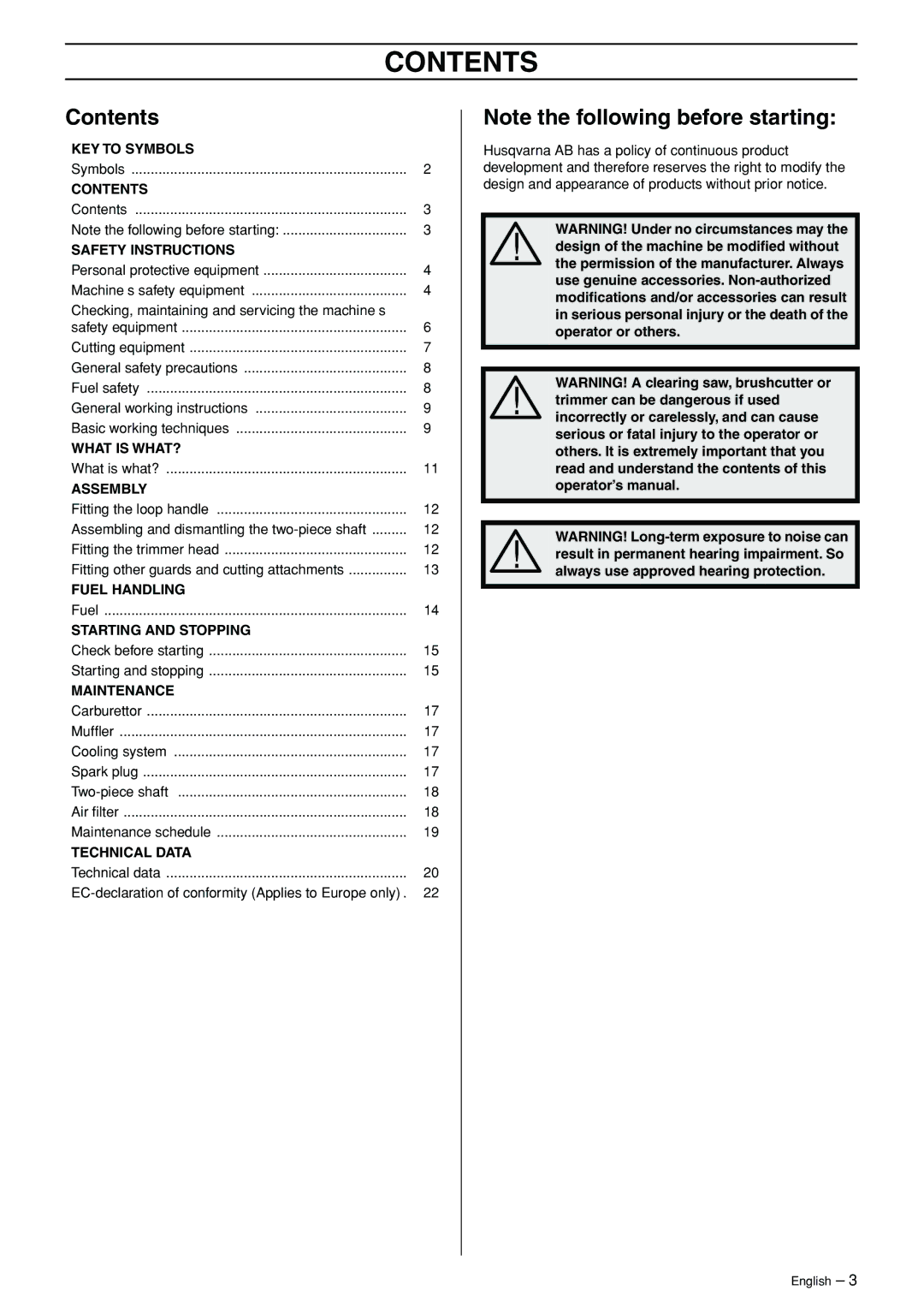 Husqvarna 324LDX, 324LX manual Contents 