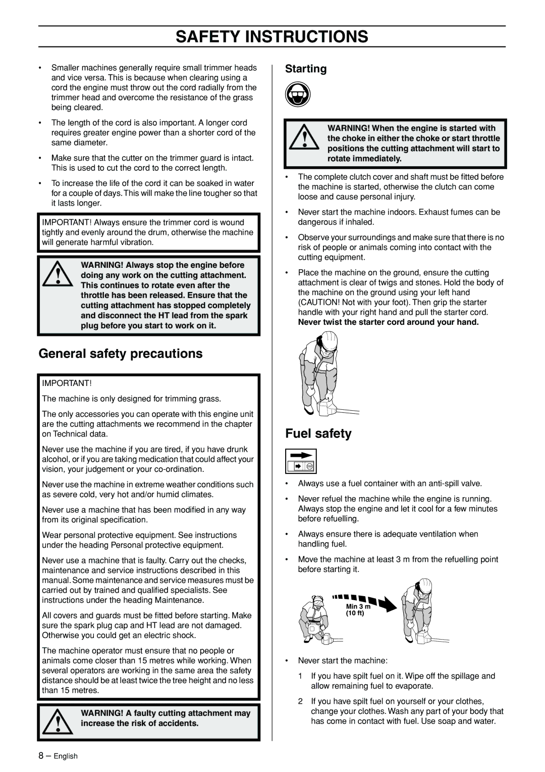 Husqvarna 324LX, 324LDX manual General safety precautions, Fuel safety, Starting 