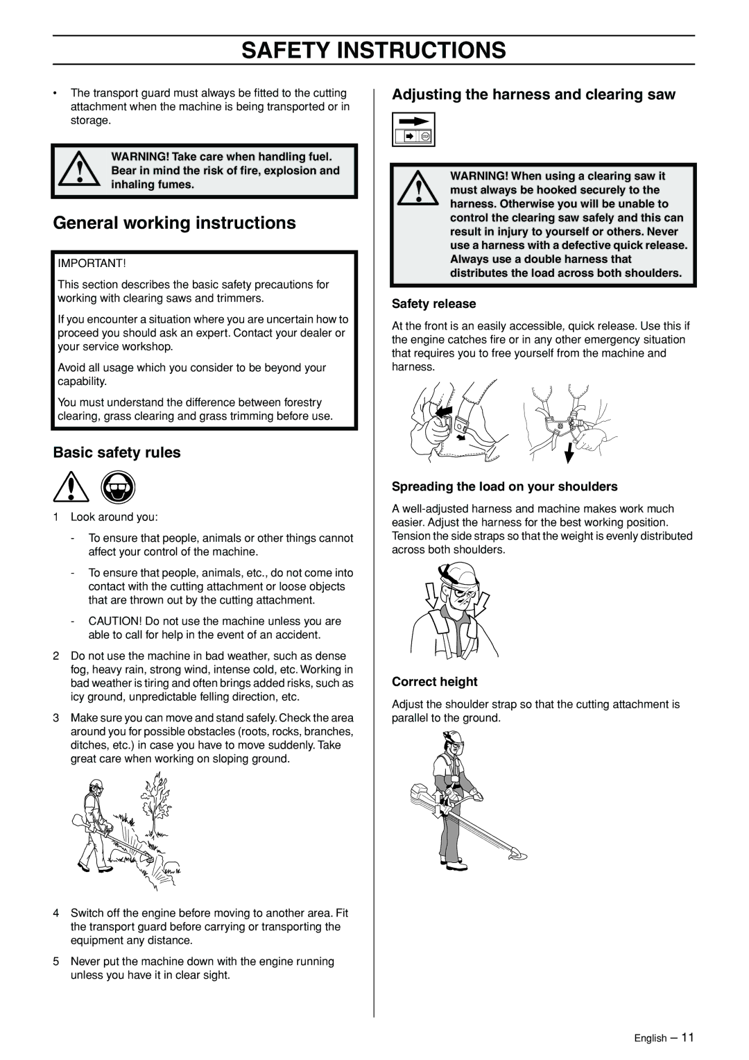 Husqvarna 324RX-Series manual General working instructions, Basic safety rules, Adjusting the harness and clearing saw 