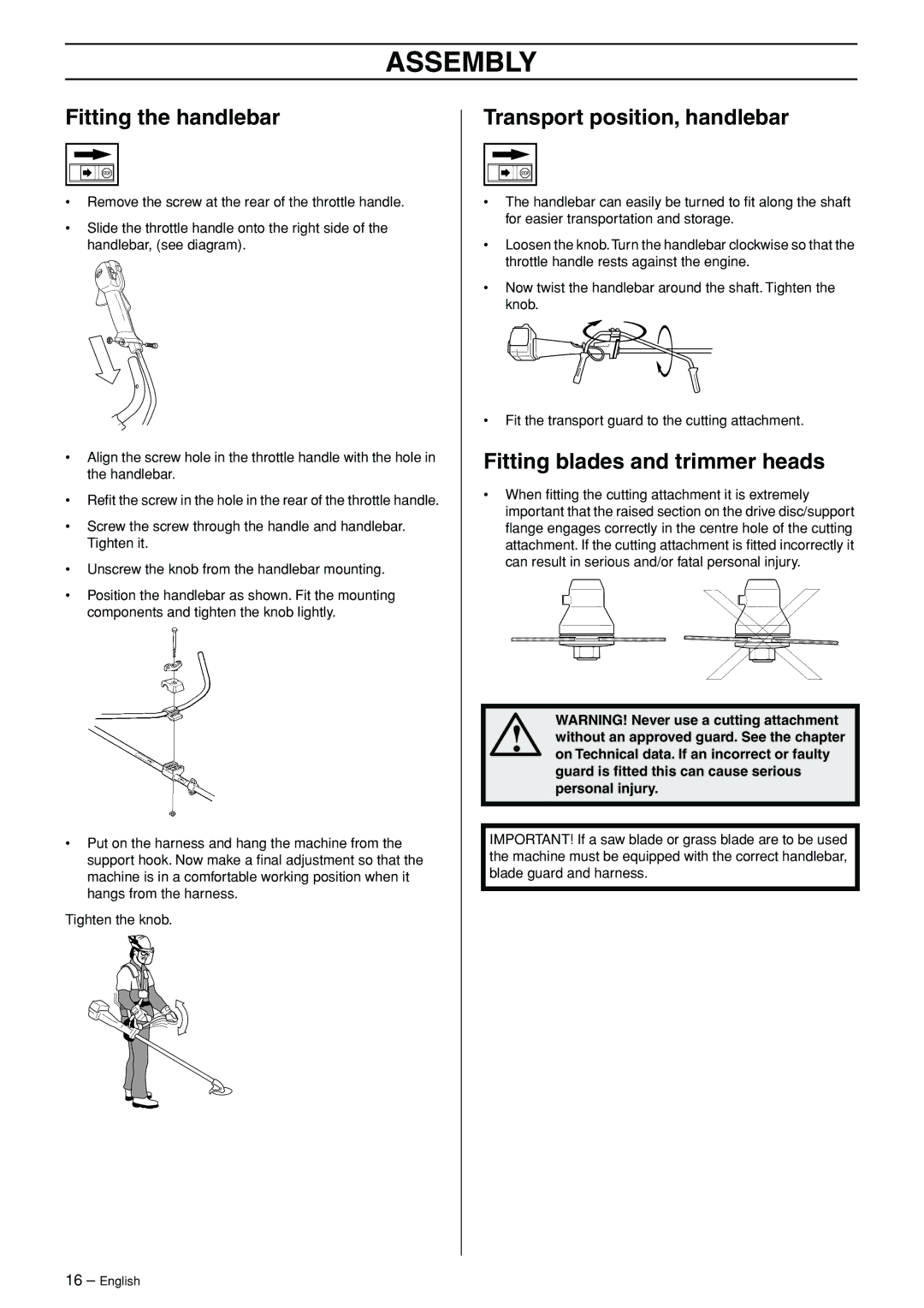 Husqvarna 324RX-Series Assembly, Fitting the handlebar, Transport position, handlebar, Fitting blades and trimmer heads 