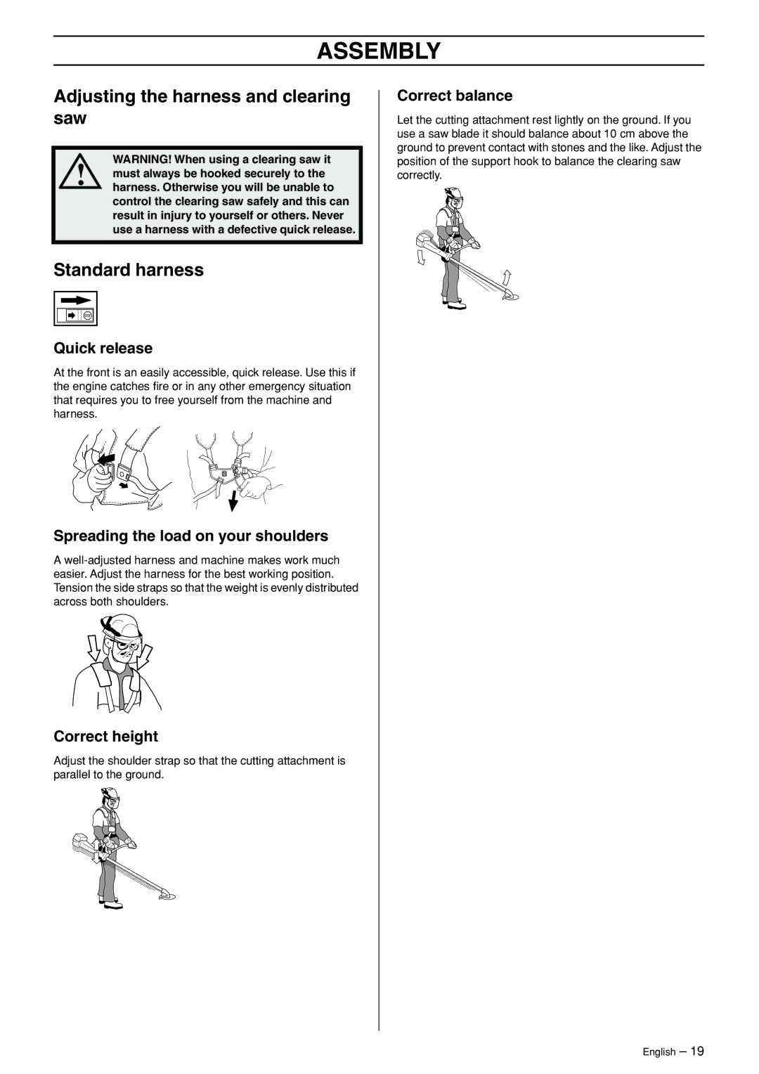 Husqvarna 324RX-Series Adjusting the harness and clearing saw, Standard harness, Spreading the load on your shoulders 