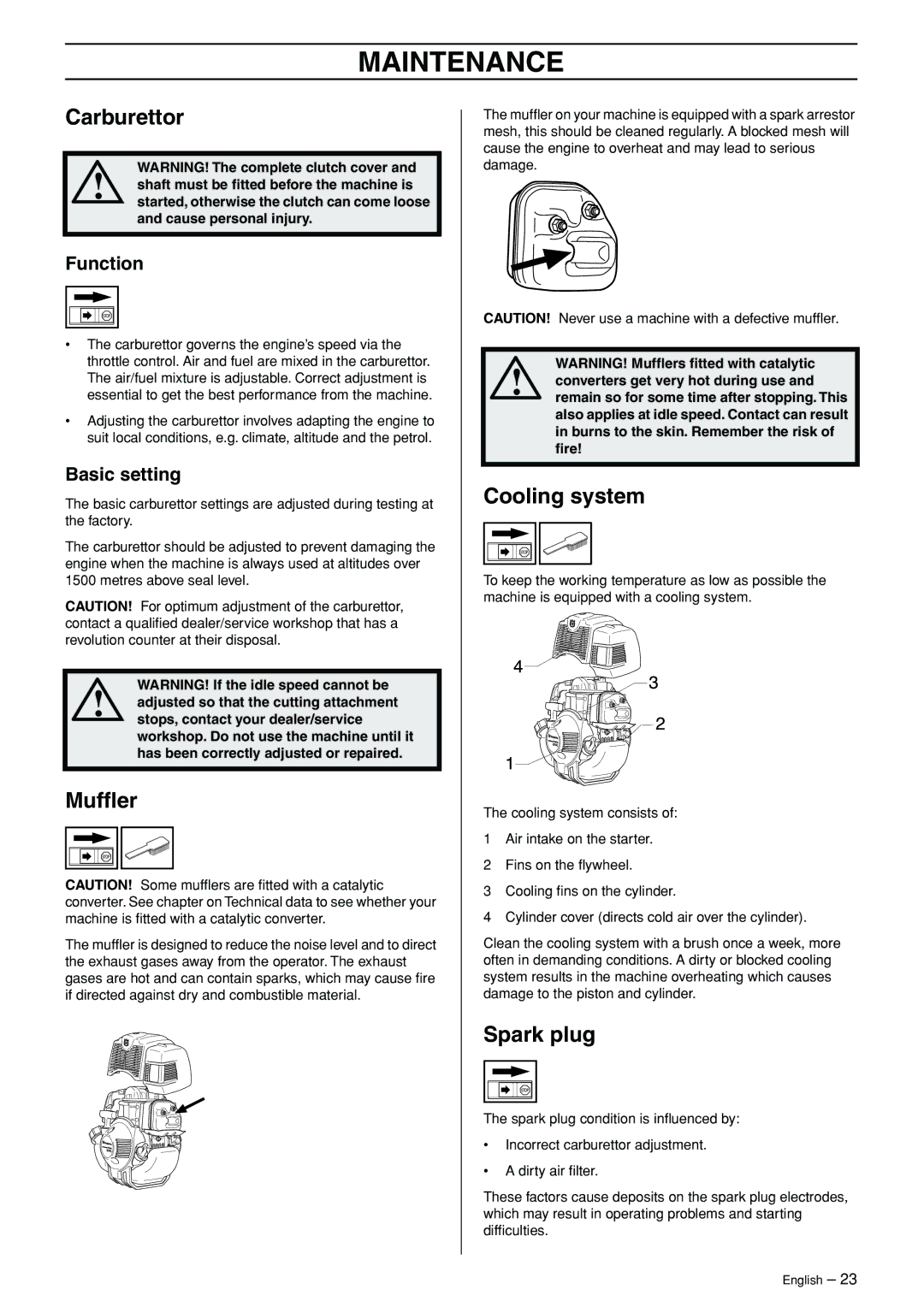 Husqvarna 324RX-Series manual Maintenance, Carburettor, Mufﬂer, Cooling system, Spark plug 