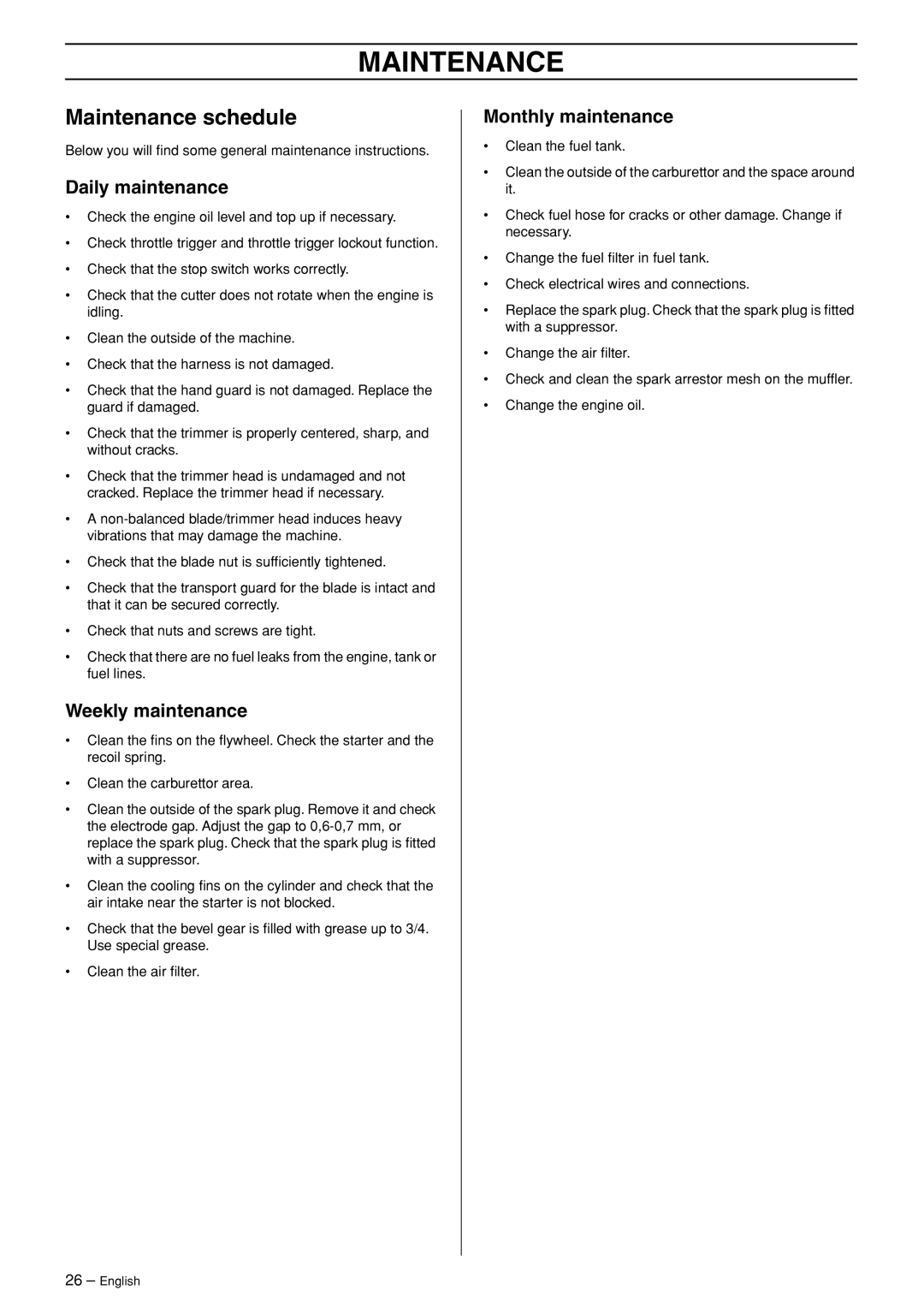 Husqvarna 324RX-Series manual Maintenance schedule, Daily maintenance, Weekly maintenance, Monthly maintenance 