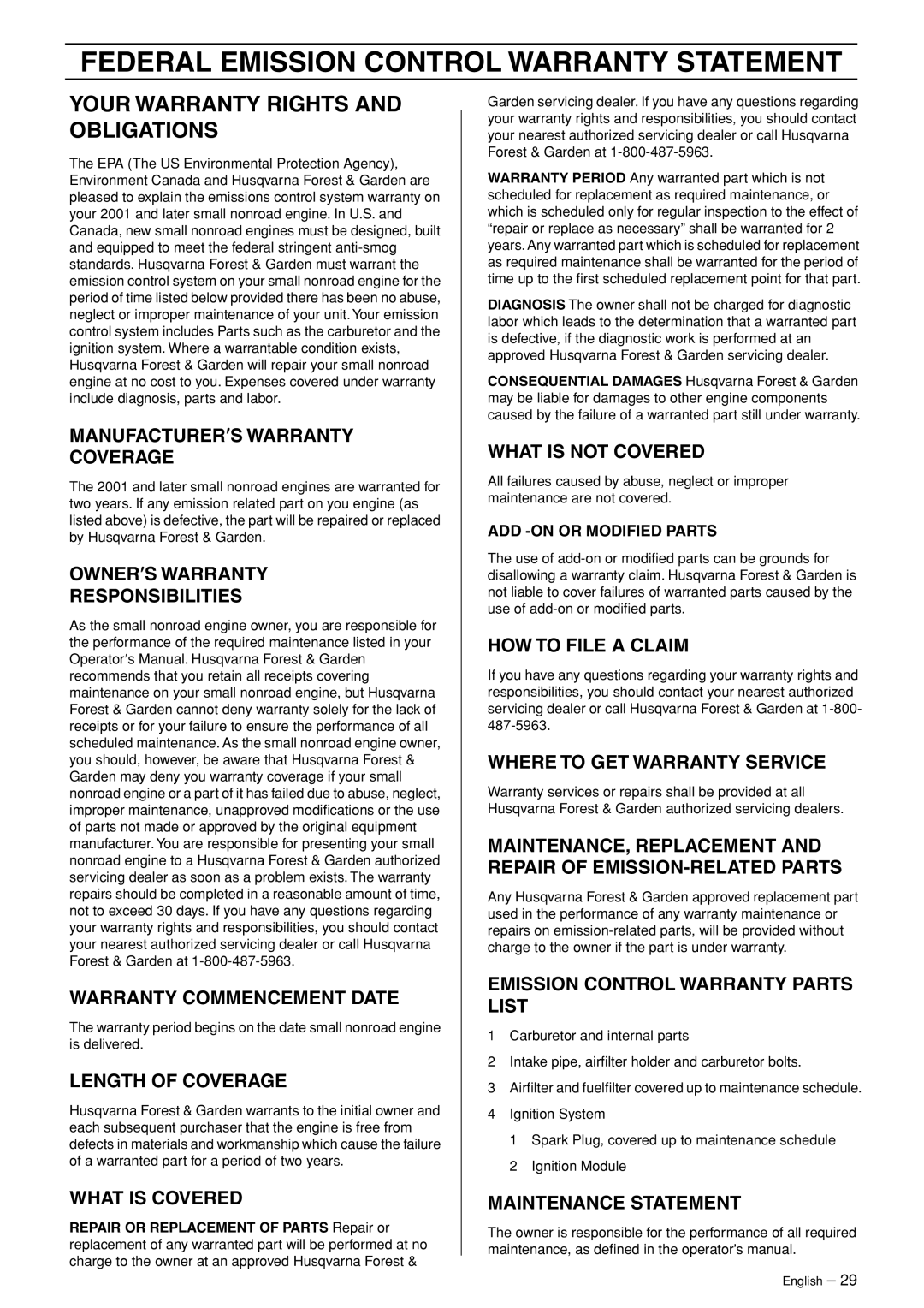 Husqvarna 324RX-Series manual Federal Emission Control Warranty Statement, Your Warranty Rights and Obligations 