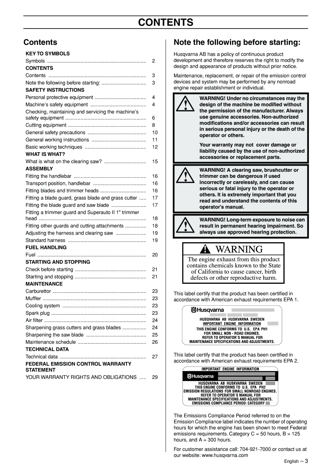 Husqvarna 324RX-Series manual Contents 