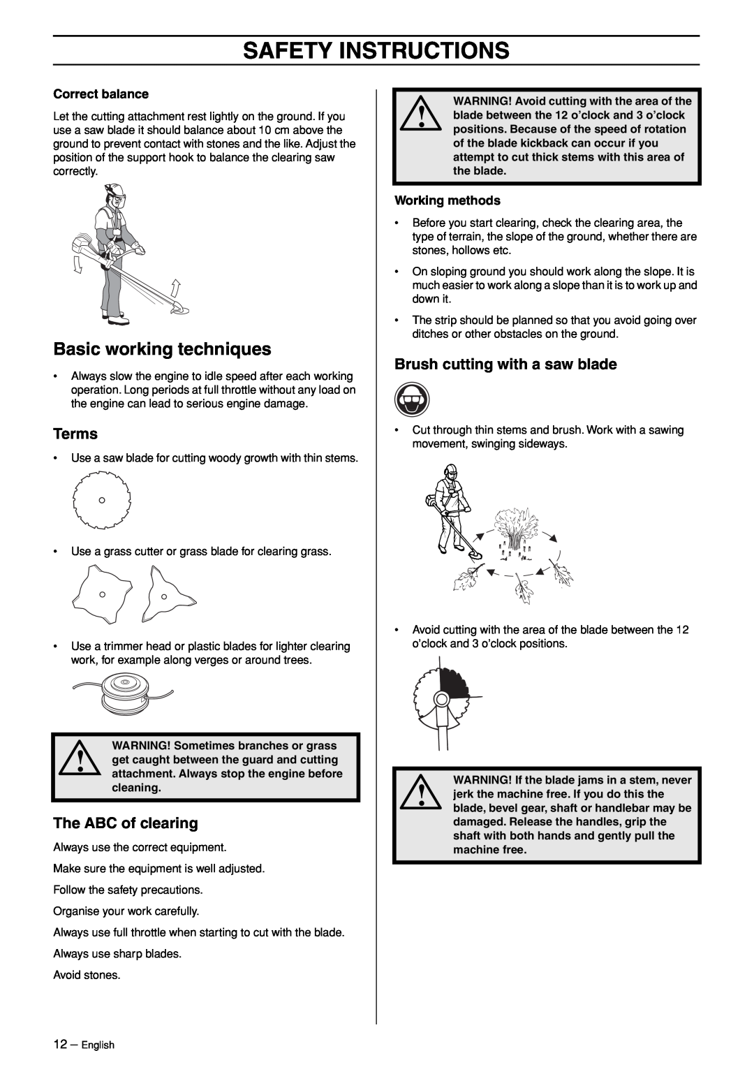 Husqvarna 324RX-Series manual Basic working techniques, Safety Instructions, Correct balance, Working methods 