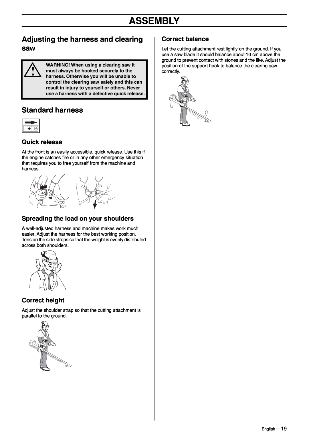 Husqvarna 324RX-Series manual Adjusting the harness and clearing saw, Standard harness, Assembly 