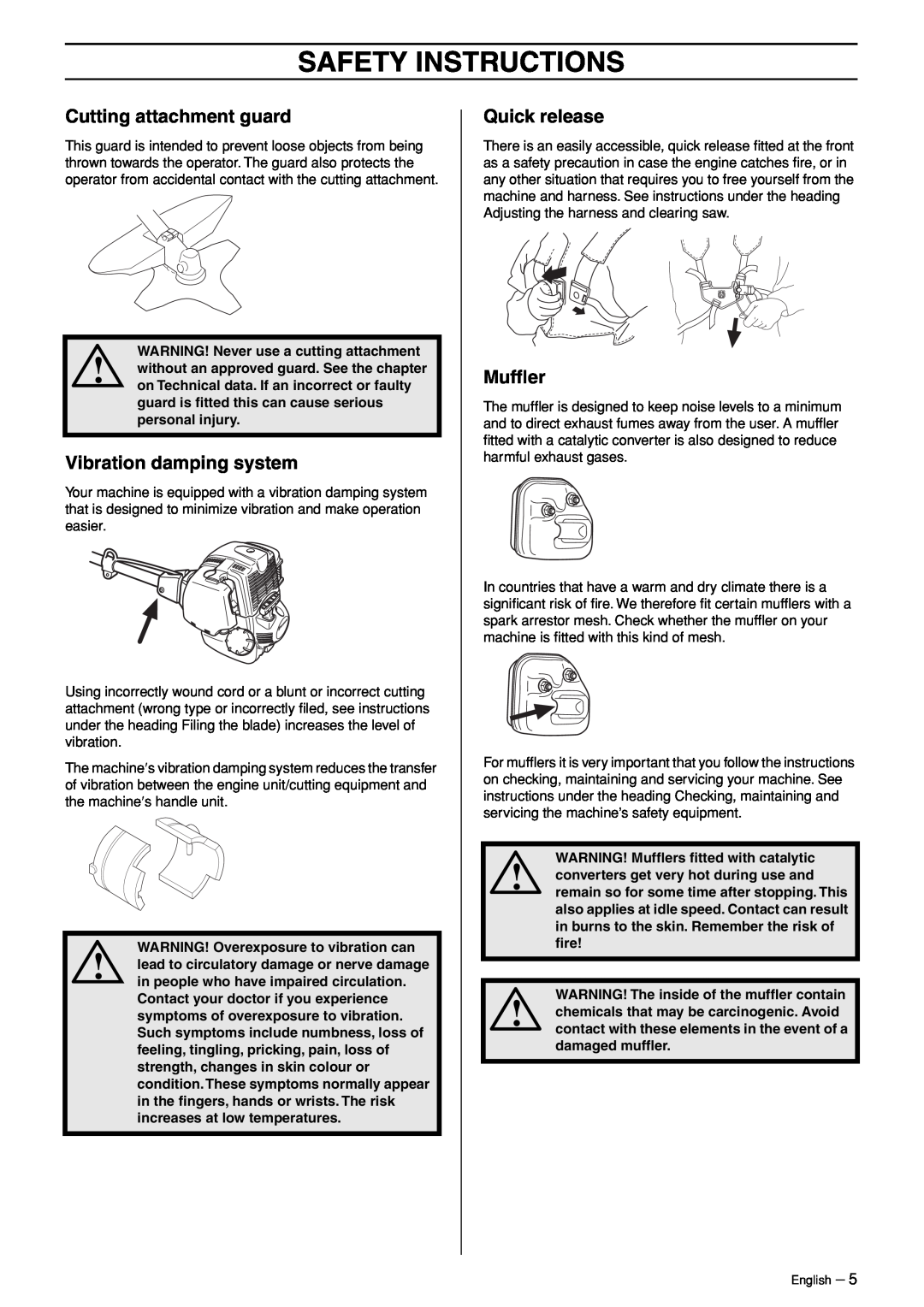 Husqvarna 324RX-Series Safety Instructions, WARNING! Never use a cutting attachment, WARNING! Mufﬂers ﬁtted with catalytic 
