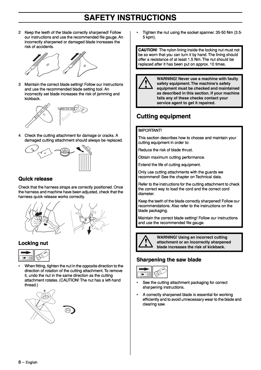 Husqvarna 324RX-Series manual Cutting equipment, Safety Instructions, WARNING! Never use a machine with faulty 