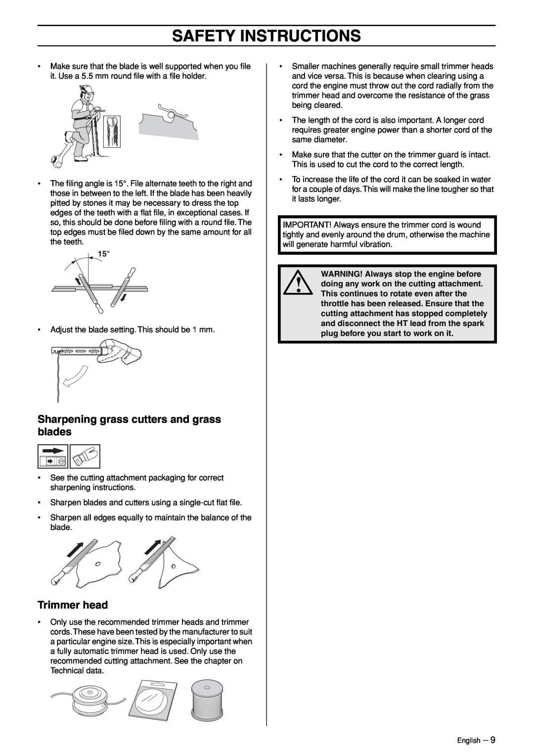Husqvarna 324RX-Series manual Safety Instructions, Sharpening grass cutters and grass blades, Trimmer head 
