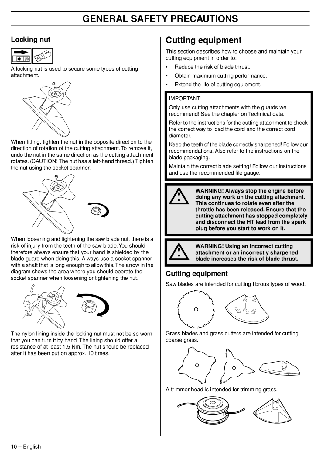 Husqvarna 324RX manual Cutting equipment, General Safety Precautions, Locking nut 