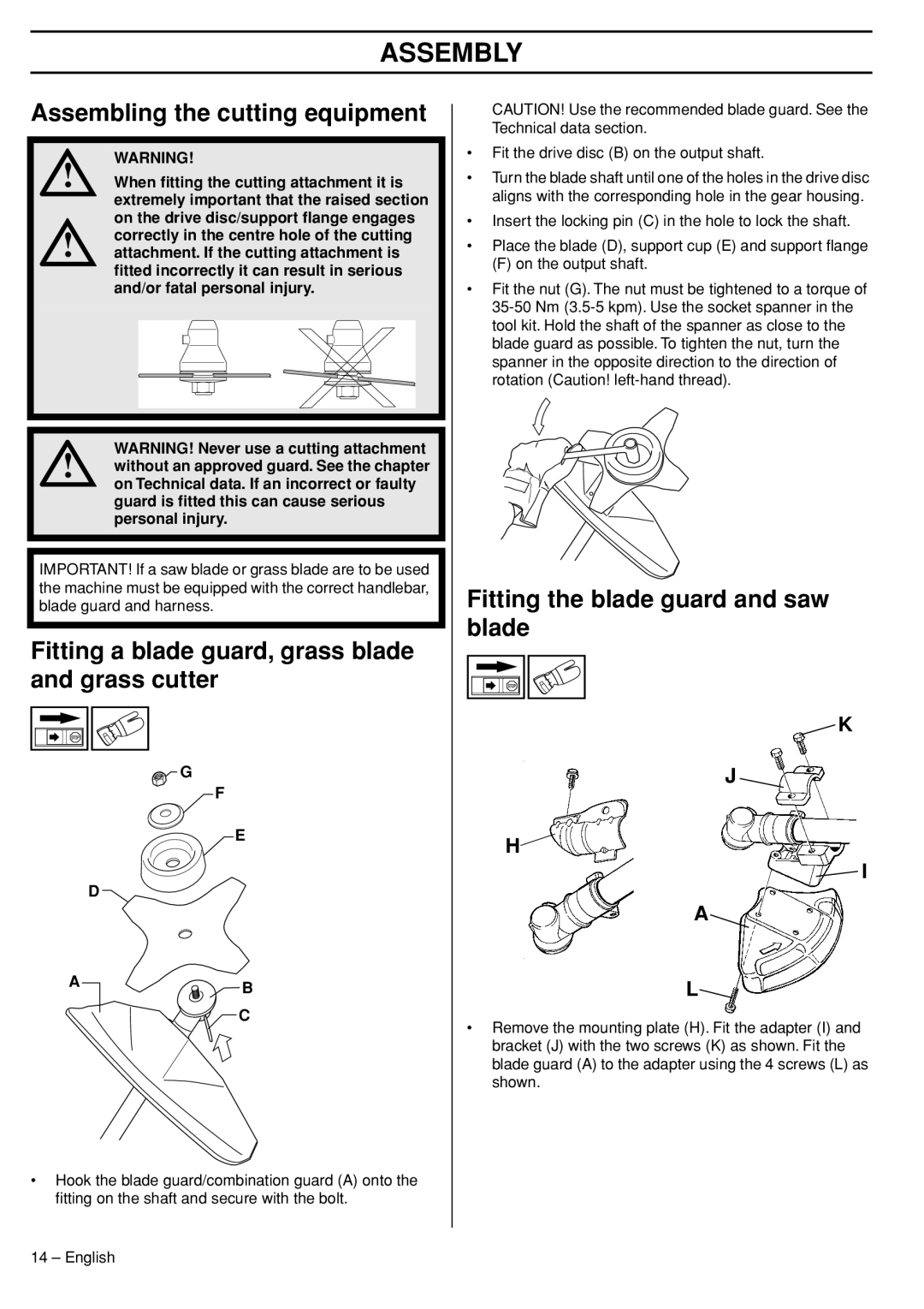 Husqvarna 324RX Assembling the cutting equipment, Fitting a blade guard, grass blade and grass cutter, Assembly, G F E D 