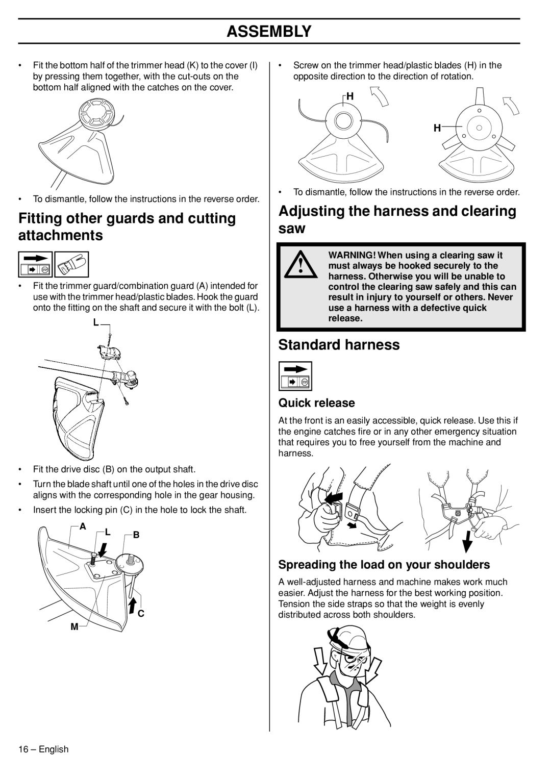 Husqvarna 324RX Fitting other guards and cutting attachments, Adjusting the harness and clearing saw, Standard harness 