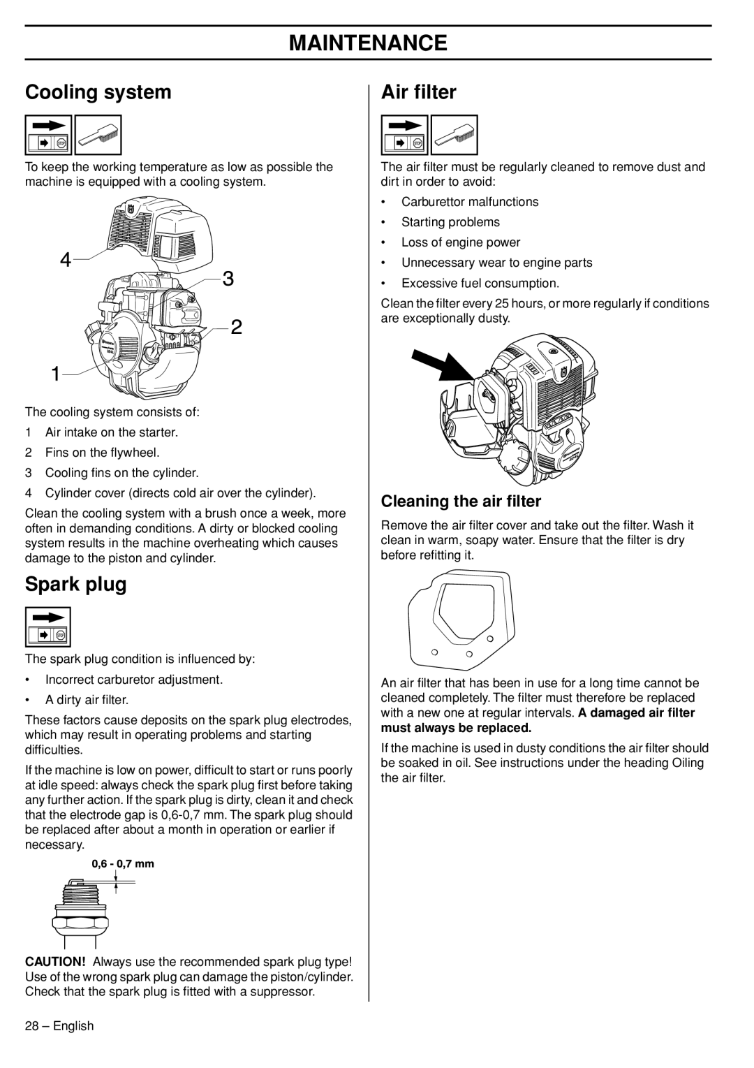 Husqvarna 324RX manual Cooling system, Spark plug, Air ﬁlter, Maintenance, Cleaning the air ﬁlter 