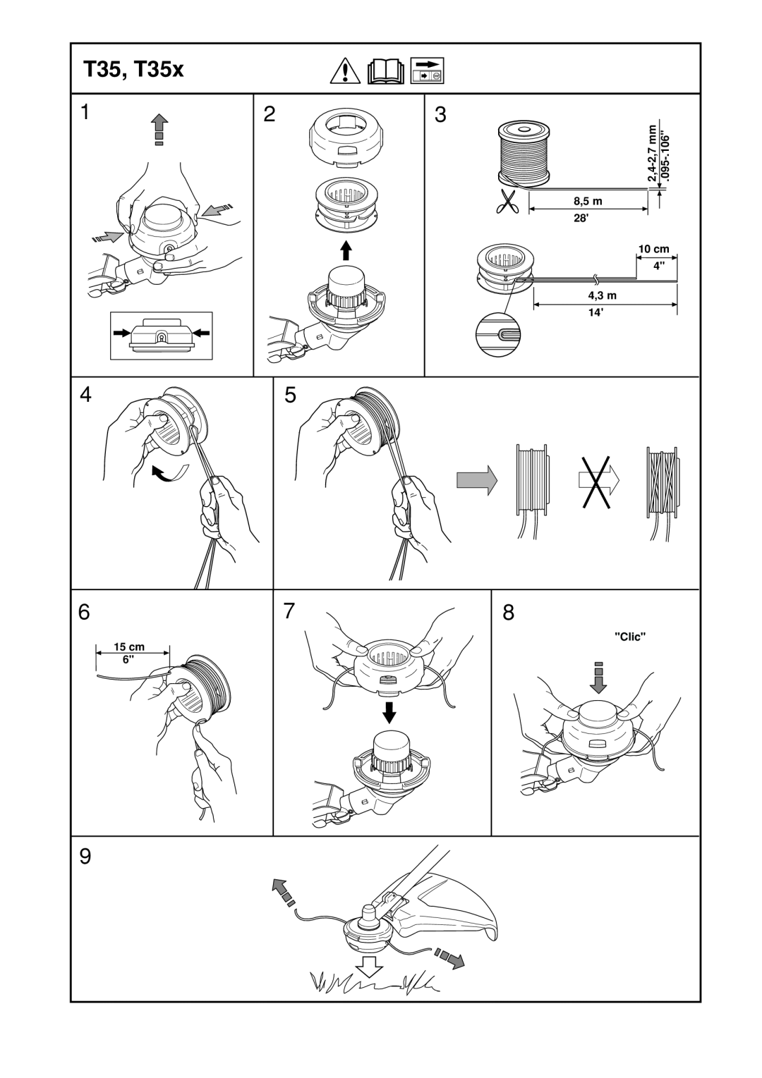 Husqvarna 324RX manual T35, T35x, 8,5 m, 10 cm 4,3 m, 15 cm, Clic, 2,4-2,7 mm 