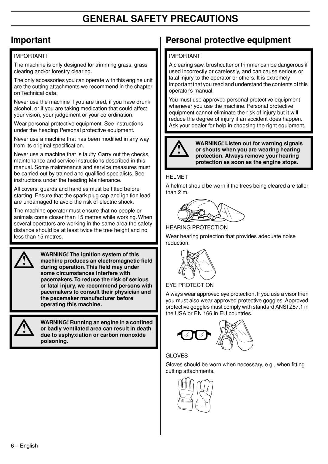 Husqvarna 324RX manual General Safety Precautions, Personal protective equipment 