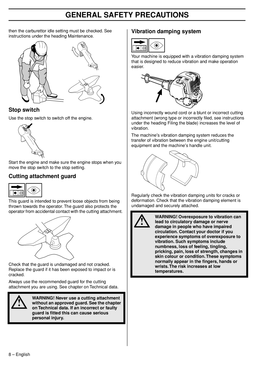 Husqvarna 324RX manual General Safety Precautions, Stop switch, Cutting attachment guard, Vibration damping system 